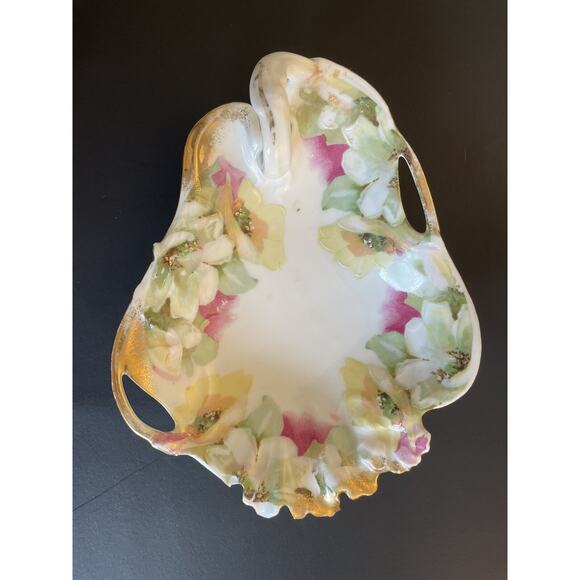 Trinket Nut Dish Gold Mark 18 Hand Painted Pink Yellow Wild Roses Old Victorian - Picture 1 of 16